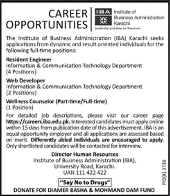 IBA Karachi Jobs 2019 for 7+ IT / Engineers and Wellness Counselor
