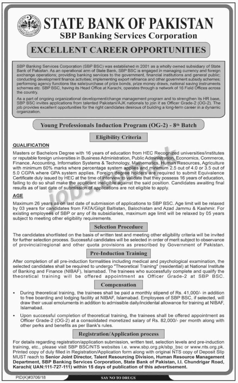 State Bank of Pakistan (SBP) Jobs 2019 for Officers OG-2 (8th Batch) (Download NTS Form)