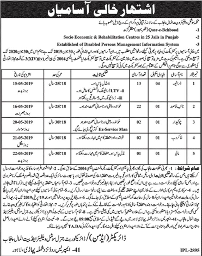 Social Welfare & Bait Ul Maal Department Punjab Jobs 2019 for 30+ Drivers, Naib Qasid & Other Support Staff (Walk-in Interviews)