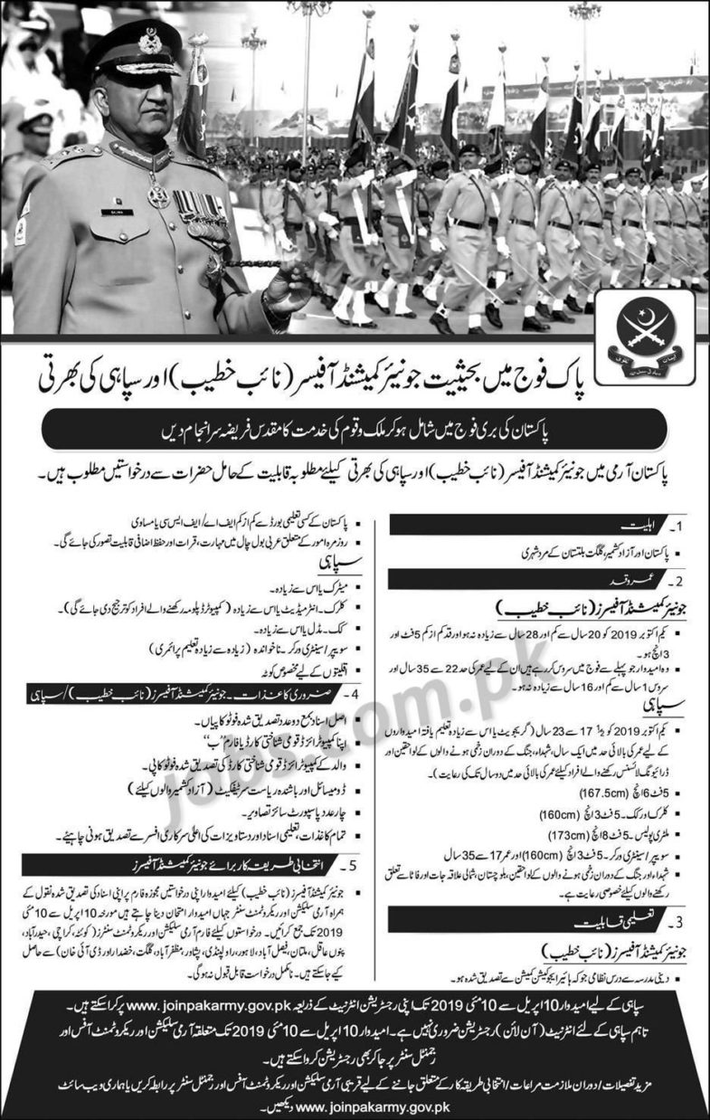 Join Pak Army as Junior Commissioned Officer & Sipahi (April 2019)