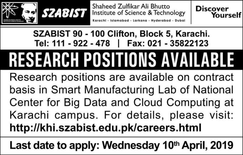 SZABIST Jobs 2019 for Research Posts