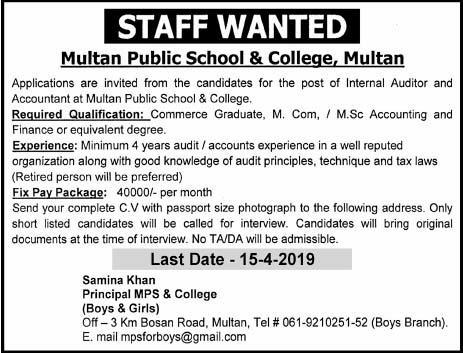 Multan Public School & College Jobs 2019 for Accountant and Internal Auditor