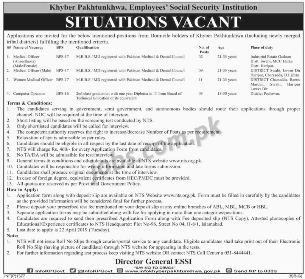 KP Employees’ Social Security Institution Jobs 2019 for 25+ Computer Operators and Medical Officers (Download NTS Form)