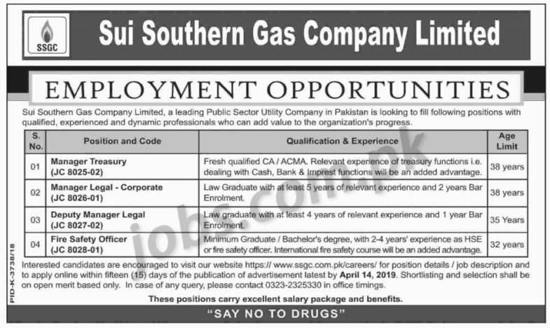 Sui Southern Gas Company Ltd (SSGC) Jobs 2019 for Legal, Treasury Managers and Fire Safety Officers