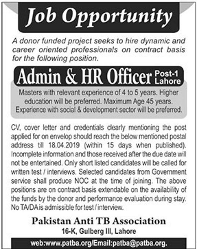 Pakistan Anti-TB Association (PATBA) Jobs 2019 for Admin / HR Officer