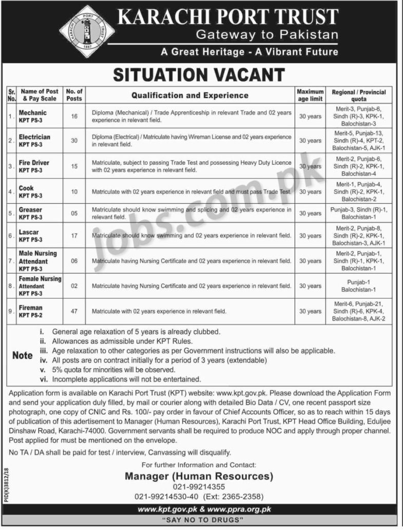 Karachi Port Trust (KPT) Govt of Pakistan Jobs 2019 for 148+ DAE, Drivers, Fireman & Other Posts