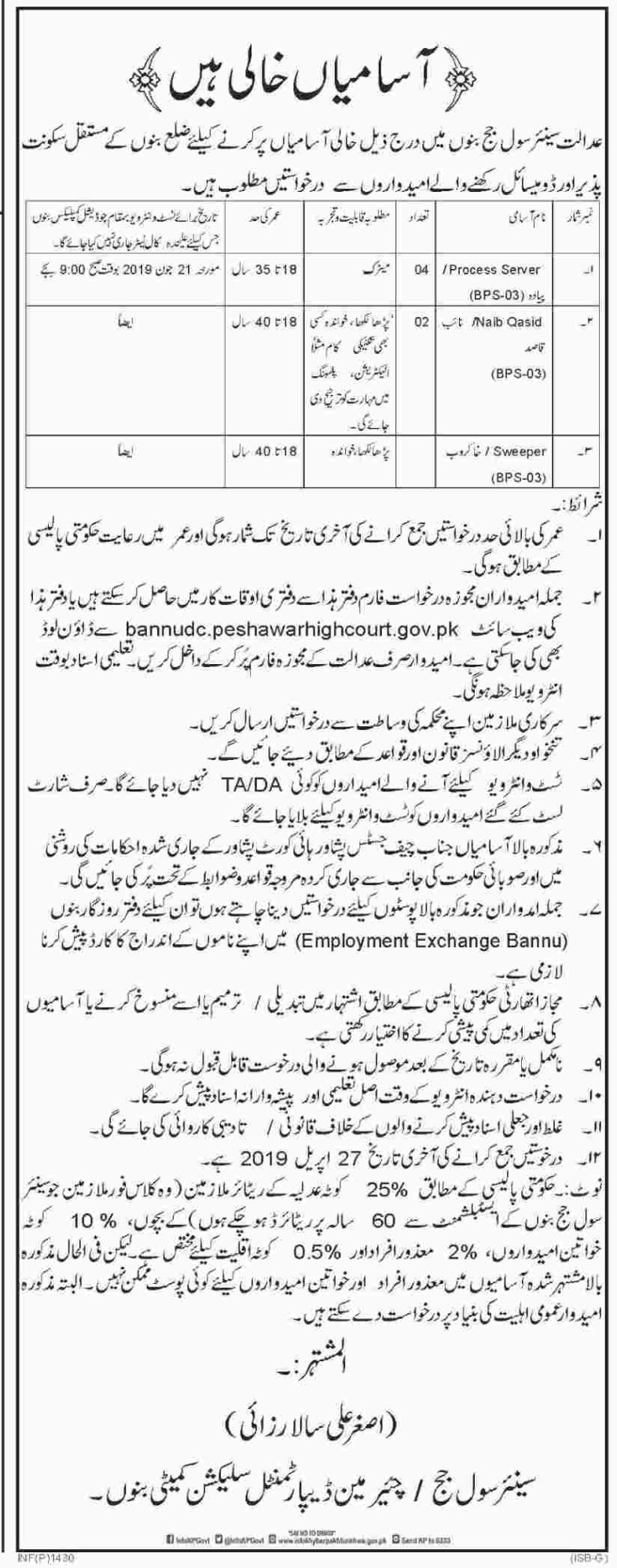 District & Session Judge Bannu Jobs 2019 for 7+ Process Servers, Naib Qasid & Other Posts