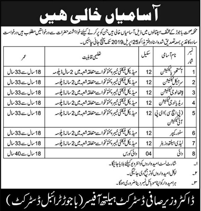 District Health Department Bajaur Jobs 2019 for LHVs, Technicians, Store Keeper & Support Staff