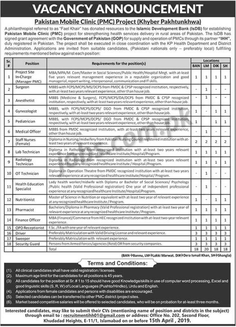 Pakistan Mobile Clinic (PMC) Jobs 2019 for 74+ Posts (Multiple Categories)