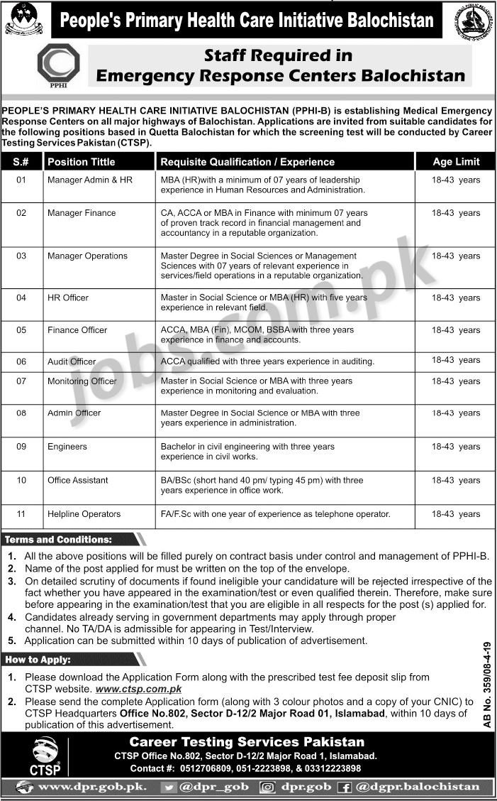 PPHI (Balochistan) Jobs 2019 for 100+ Admin, HR, Finance, Operations, Monitoring, Engineers, Office & Support Staff (Multiple Districts) (Download CTSP Form)