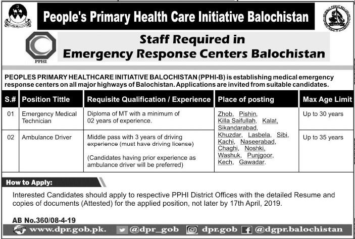PPHI (Balochistan) Jobs 2019 for Emergency Medical Technicians and Ambulance Drivers (Multiple Districts)