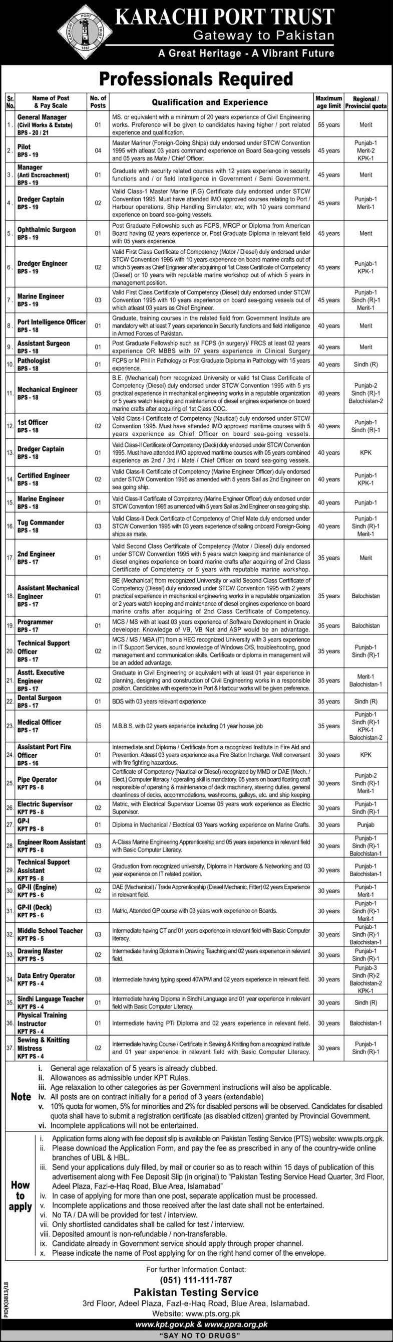 Karachi Port Trust (KPT) Govt of Pakistan Jobs 2019 for 79+ DEOs, IT, Engineering, DAE, Medical, Marine, Teaching, Management & Other Posts (Download PTS Form)