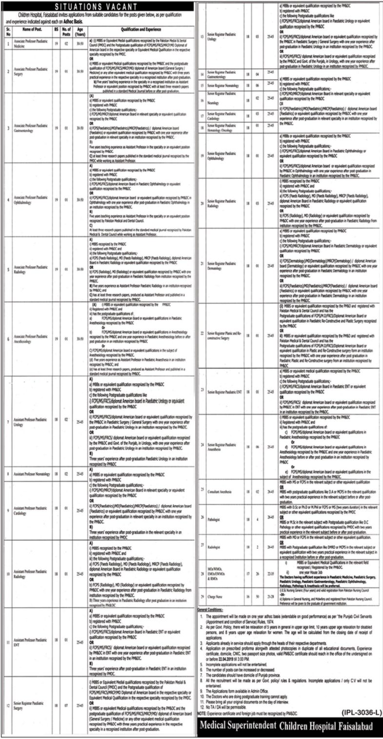 Children Hospital Faisalabad Jobs 2019 for 100+ Posts (Multiple Categories)