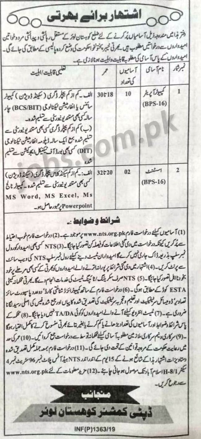 Deputy Commissioner Kohistan Lower Jobs 2019 for 12+ Computer Operators and Assistants (Download NTS Form)