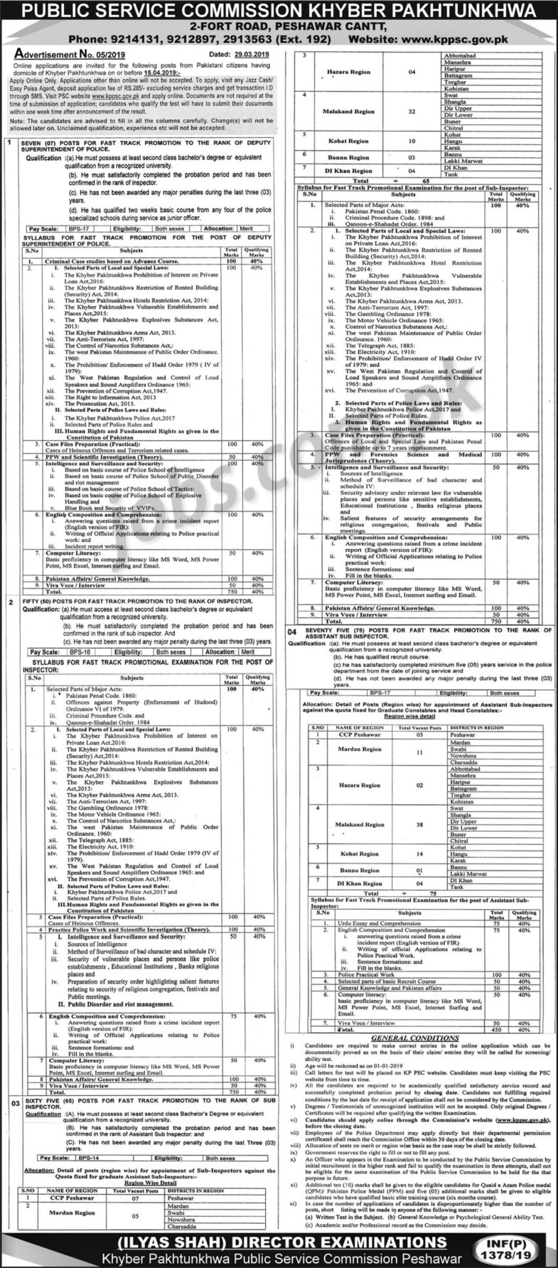 KPPSC Jobs (5/2019): 197+ Inspectors, Sub-Inspectors, ASI & Other Posts of KP Govt
