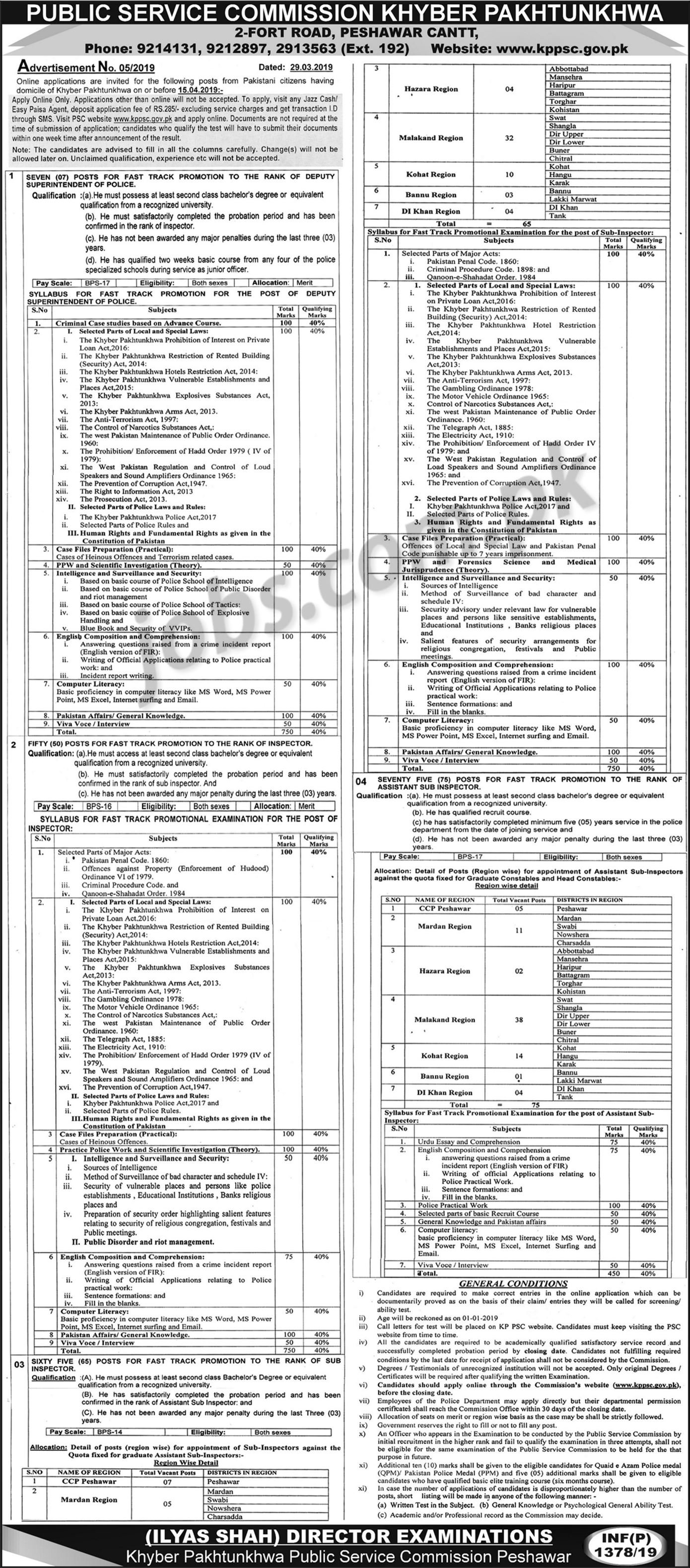 KPPSC Jobs (5/2019): 197+ Inspectors, Sub-Inspectors, ASI & Other Posts of KP Govt