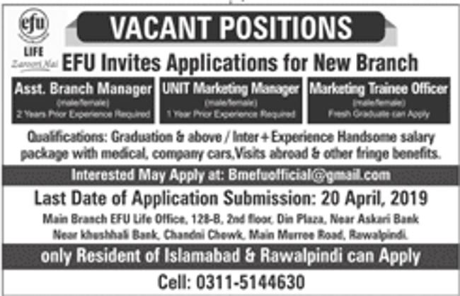 EFU Life Insurance (Islamabad) Jobs 2019 for Asst Branch Manager, Marketing Manager and Marketing Trainee Officers
