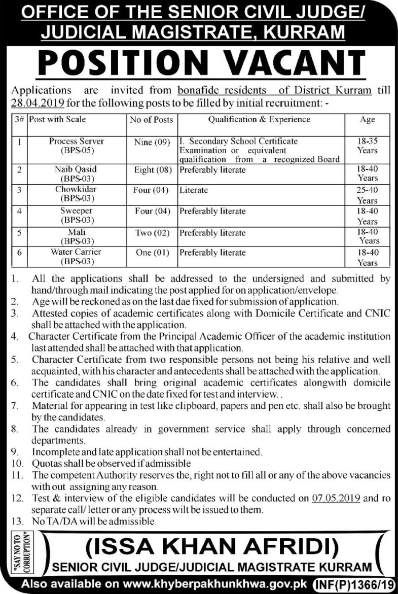District & Sessions Judge Kurram Jobs 2019 for 28+ Process Servers & Other Staff