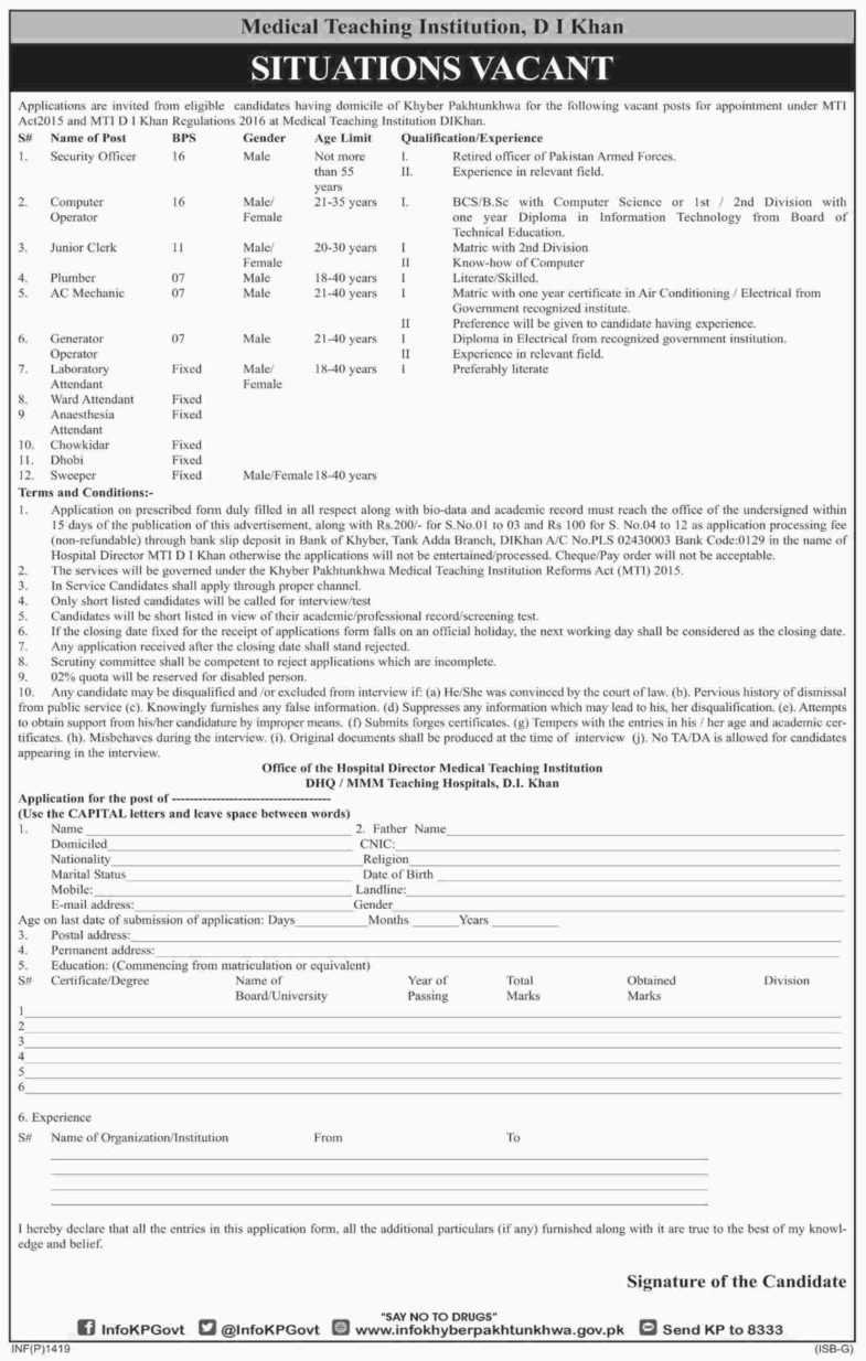 Medical Teaching Institution DI Khan Jobs 2019 for 12+ Computer Operator, Jr Clerk, Security Officers and Other Posts