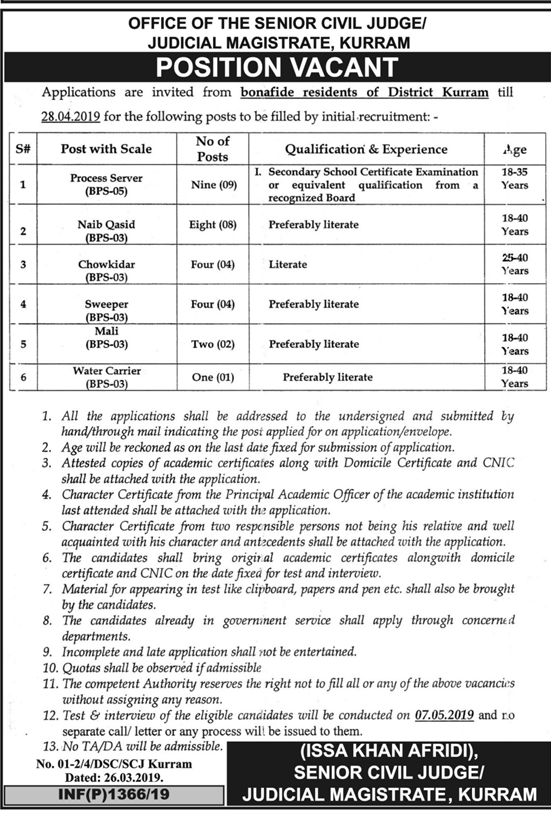 Civil Judge / Judicial Magistrate Kurram Jobs 2019 for 28+ Process Servers, Naib Qasid & Support Staff