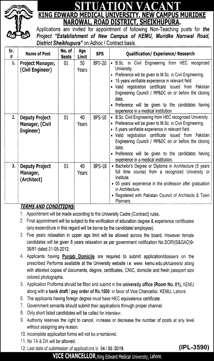 Kind Edward Medical University (Sheikhupura) Jobs 2019 for Engineering / Dy Project Managers & Project Managers