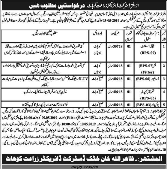 Agriculture Department KP Jobs 2019 for Field Assistant, Fitter, Driver & Other Posts (Kohat)