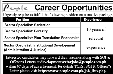 People Pakistan Jobs 2019 for Sector Specialists