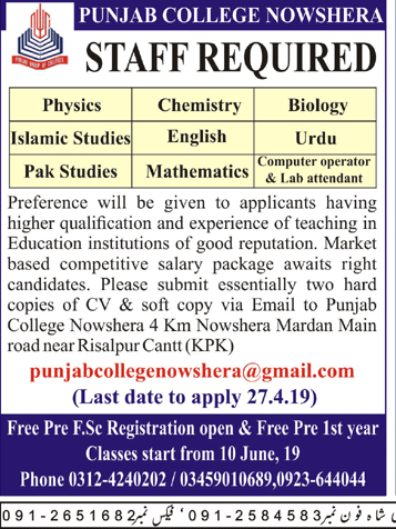 Punjab College Nowshera Jobs 2019 for Teaching Staff