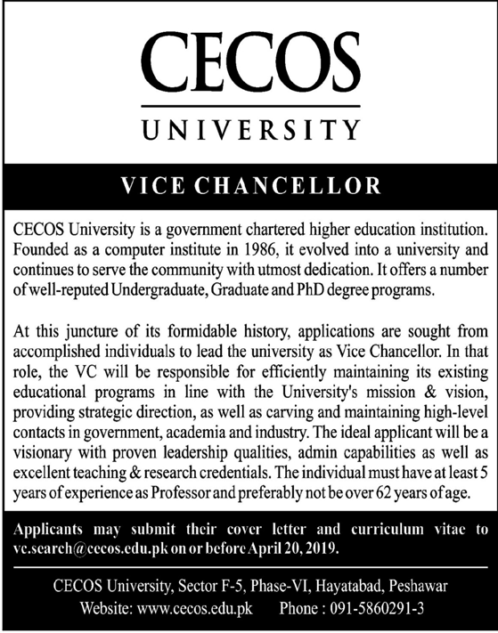 CECOS University Jobs 2019 for Vice Chancellor