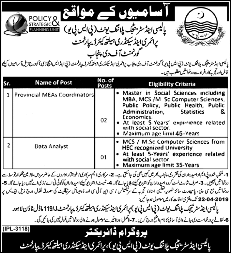 P&S Healthcare Department Punjab Jobs 2019 for MEAs Coordinators and Data Analyst / IT Posts