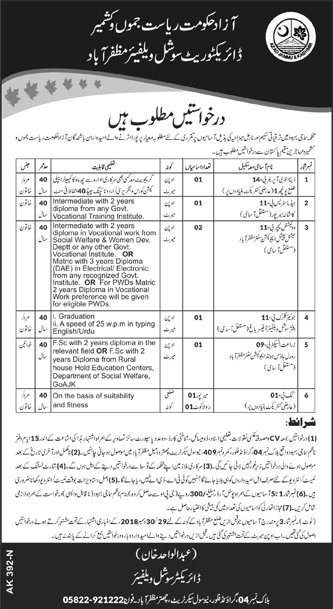 Social Welfare Department AJK Jobs 2019 for 8+ DEO, Jr Clerk, Agri Inspectors, Teachers & Other Posts