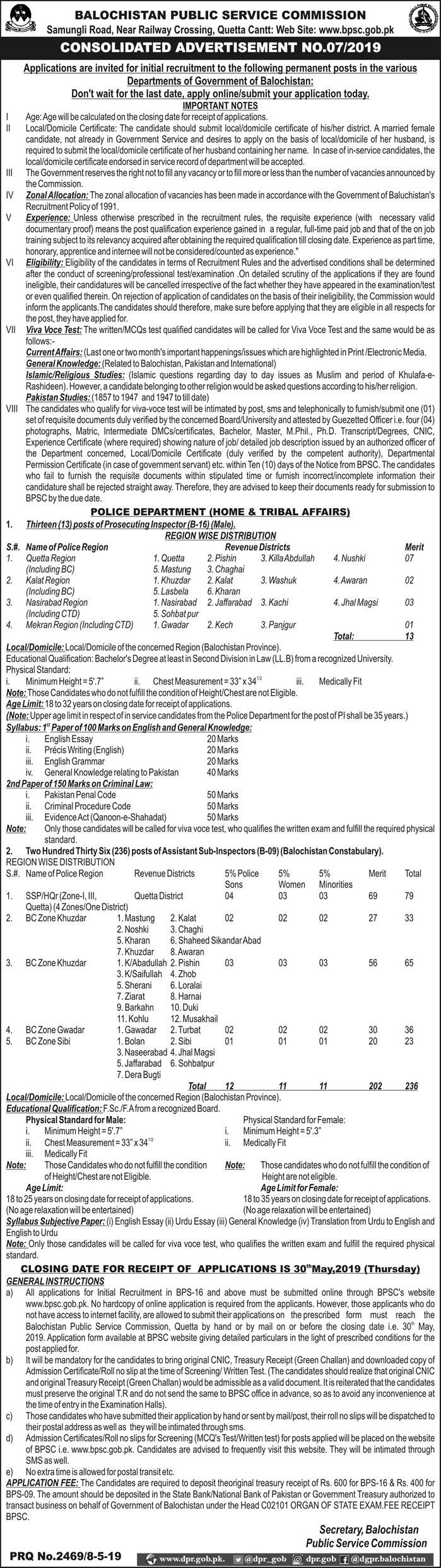 BPSC Jobs 7/2019: 249+ Assistant Sub-Inspectors / ASIs and Prosecuting Inspectors In Balochistan Police Department