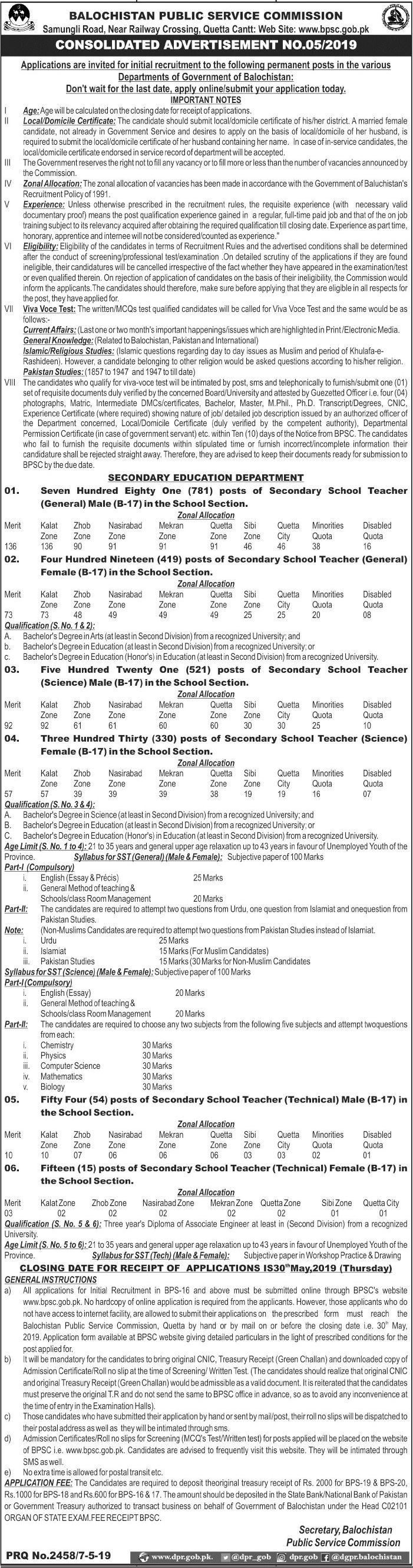 BPSC Jobs 5/2019: 2120+ Educators / School Teachers Posts In Balochistan Police Department