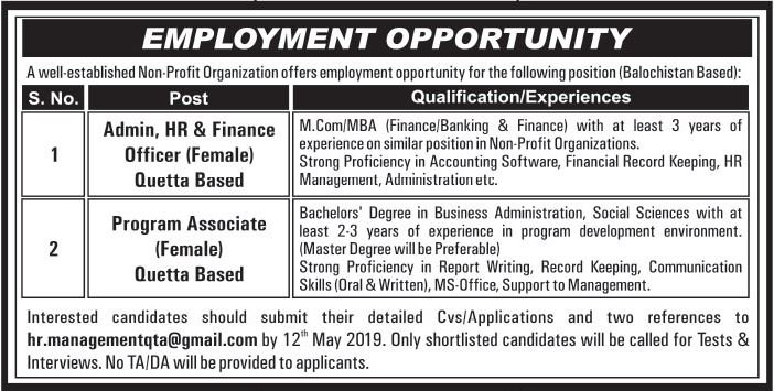 Quetta NGO Jobs 2019 for Admin, HR / Finance Officer and Program Associate