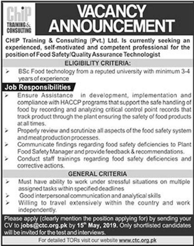 CHIP Training & Consulting Pvt Ltd Jobs 2019 for Food Safety / Quality Assurance Technologist