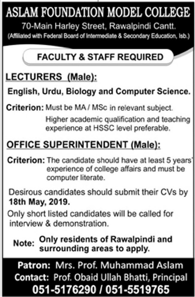 Aslam Foundation Model College Rawalpindi Jobs 2019 for Office Superintendent and Teaching Staff