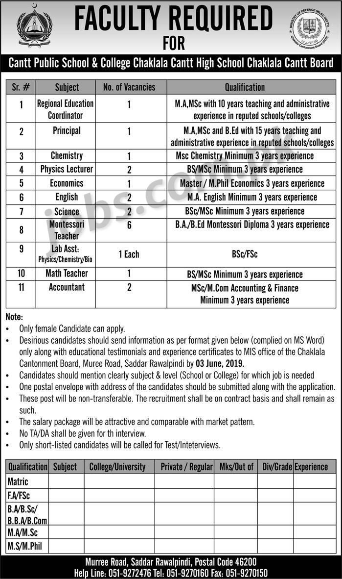 Cantt Public School & College Chaklala Rawalpindi Jobs 2019 for Teachers & Non-Teaching Staff