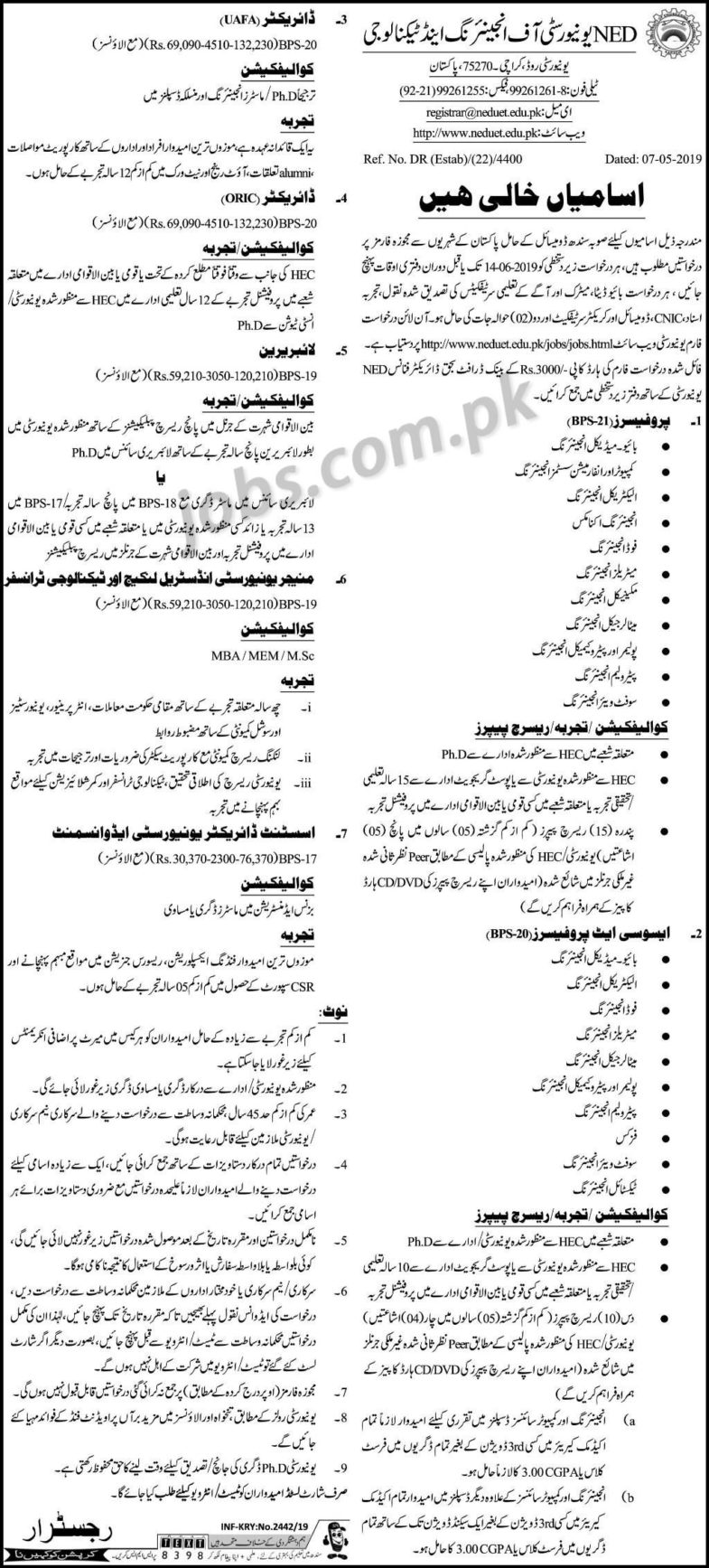 NED University Of Engineering & Technology Jobs 2019 For Teaching & Non-Teaching Staff (May/June)