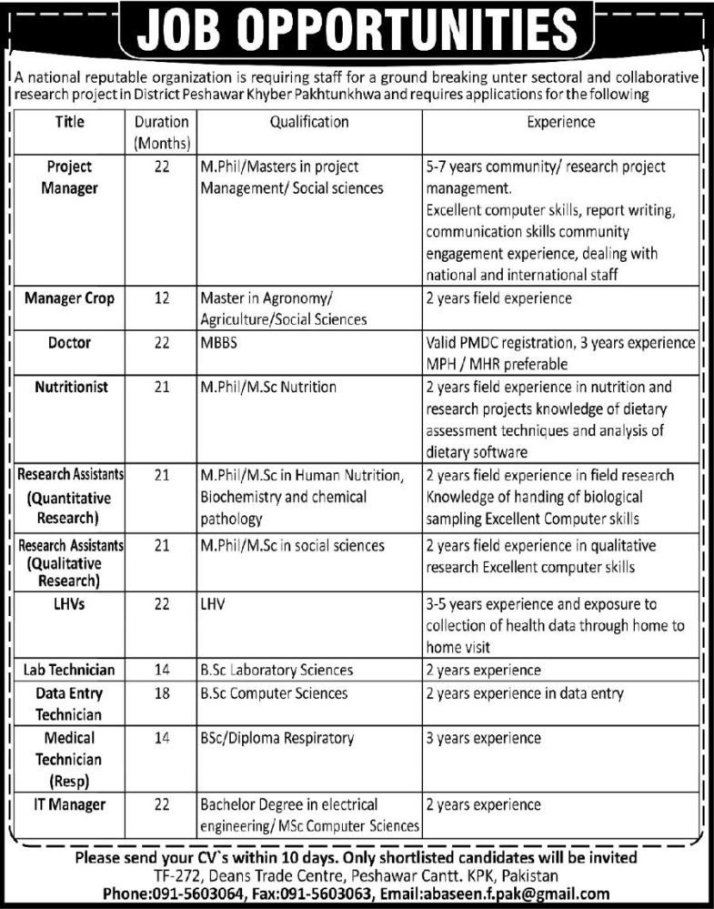 National Organization Jobs 2019 for IT, Data Entry, Medical, Research Assistants, LHVs and Other Posts in KPK