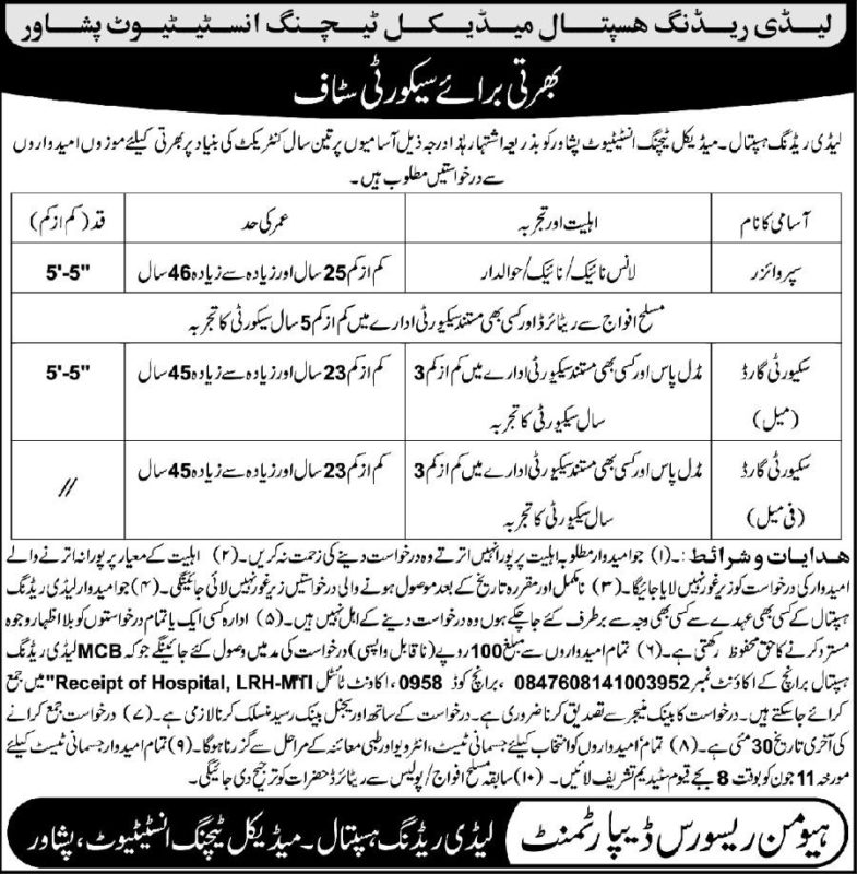 Lady Reading Hospital / LRH Jobs 2019 for Security Guards & Supervisors