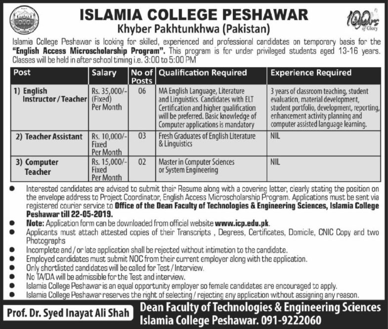 Islamia College Peshawar Jobs 2019 for 11+ Teachers / Instructors and Teacher Assistants