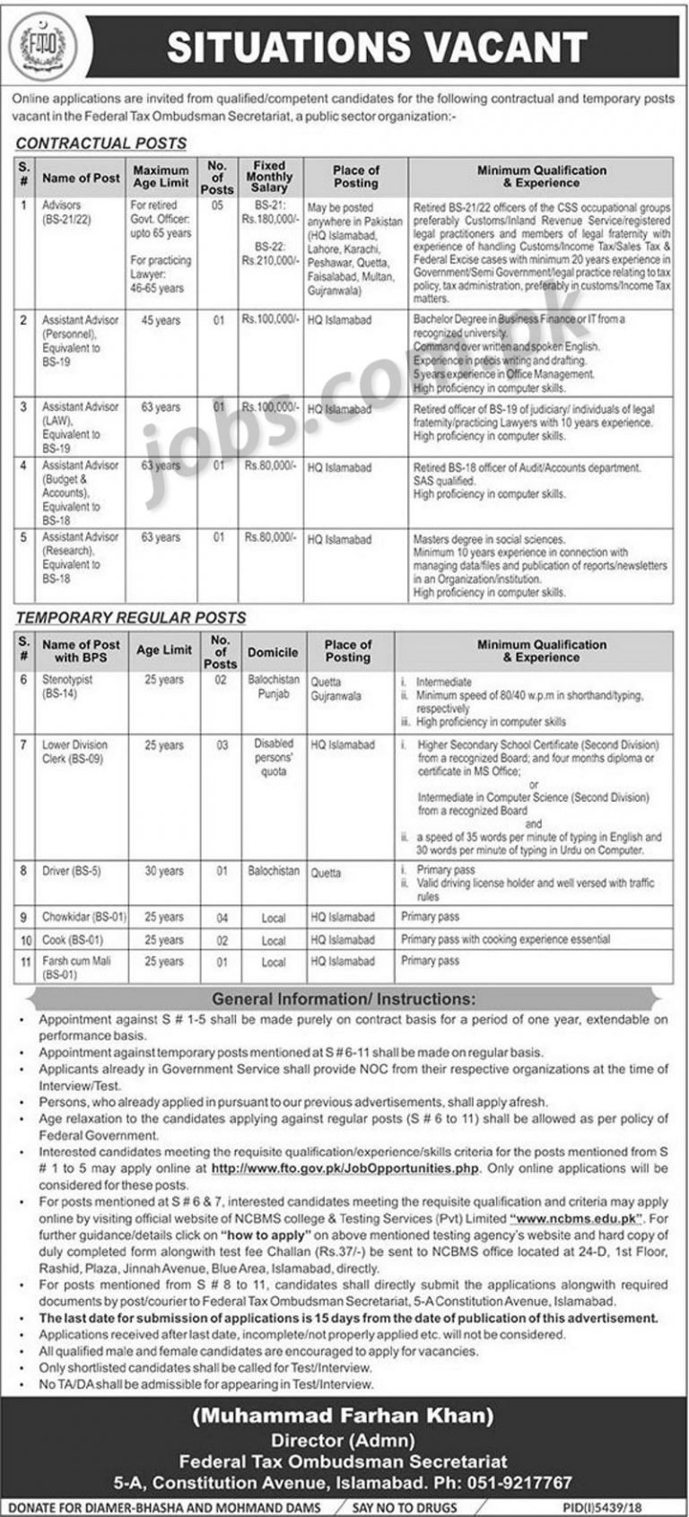 Federal Tax Ombudsman Secretariat Jobs 2019 for 22+ Posts (Multiple Categories)
