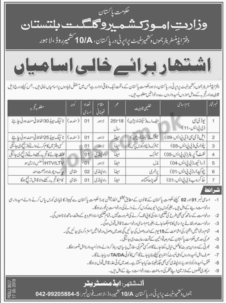 Federal Ministry of Kashmir & GB Jobs 2019 for LDC/UDC Clerks, Patwari & Other Posts