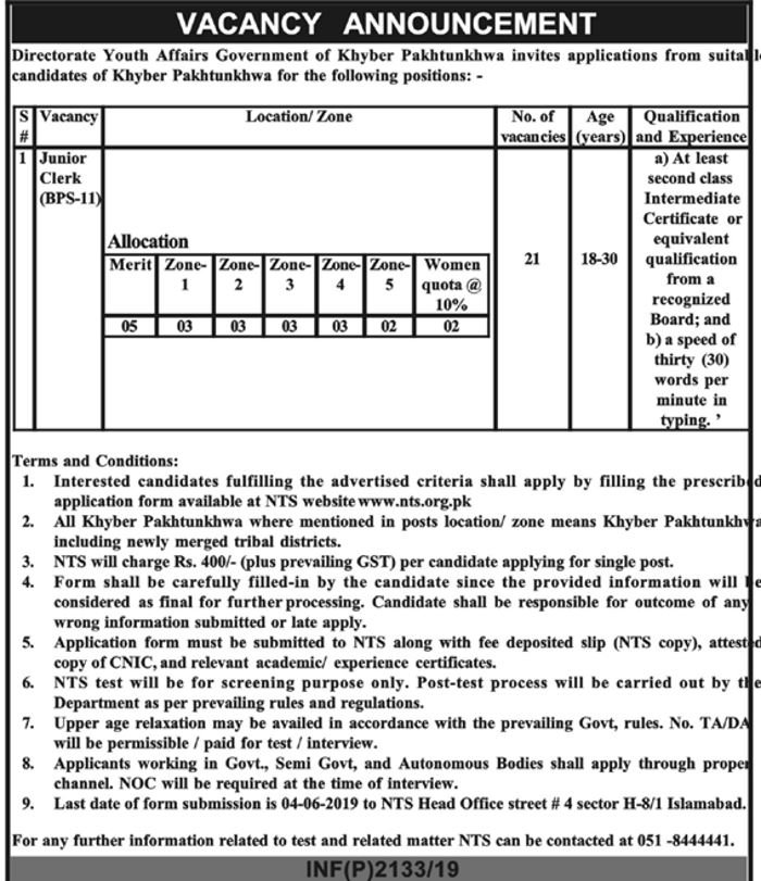 Directorate of Youth Affairs KP Jobs 2019 for 21+ Junior Clerks (Download NTS Form)