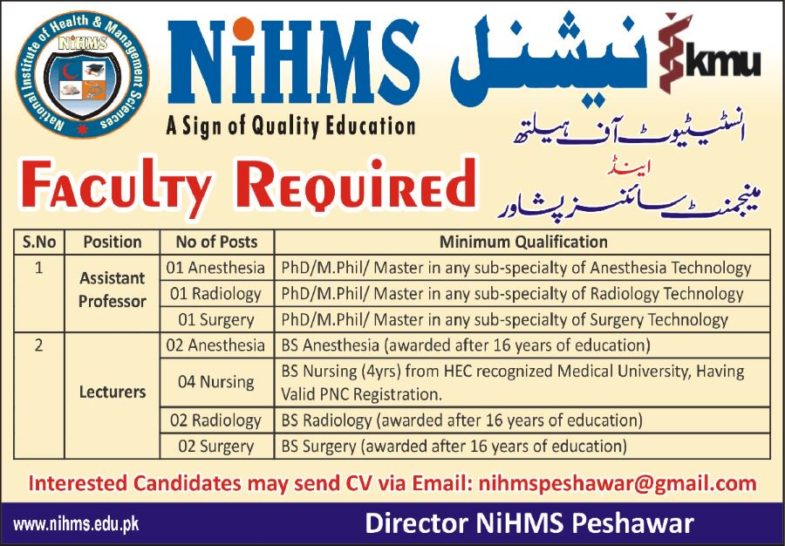 NIHMS Institute Peshawar Jobs 2019 for Teaching Faculty