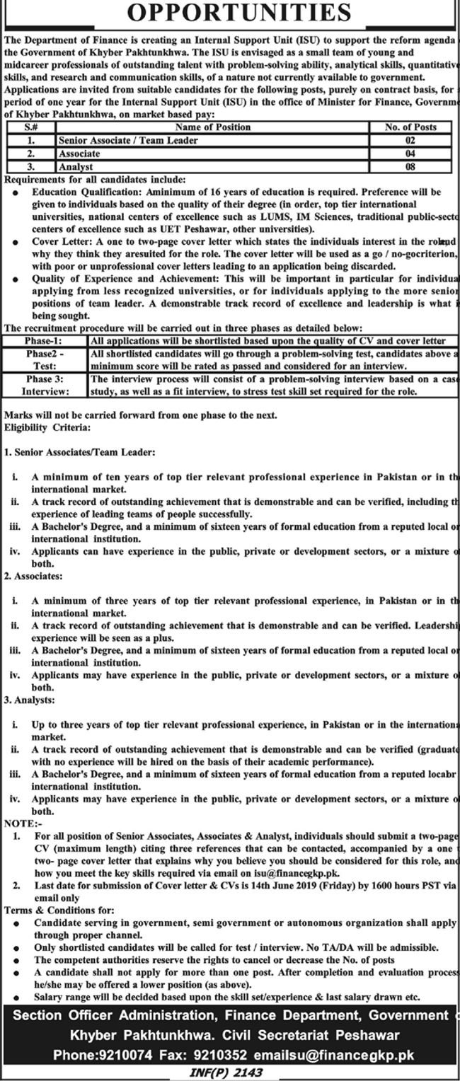 Finance Department KP Jobs 2019 for 14+ Analysts, Associate and Team Leaders