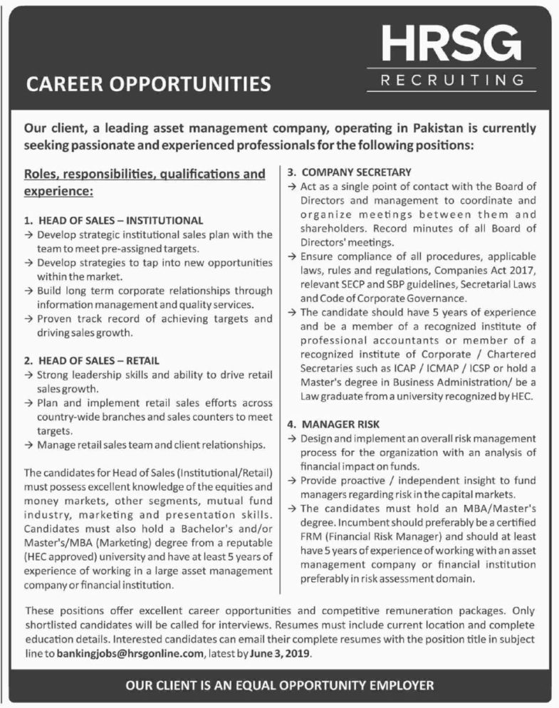 Leading Asset Management Company / HRSG Jobs 2019 for Administrative & Management Posts