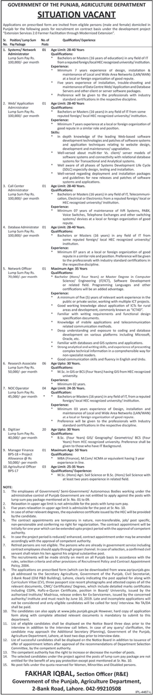 Agriculture Department Punjab Jobs 2019 for 39+ Posts (Multiple Categories)