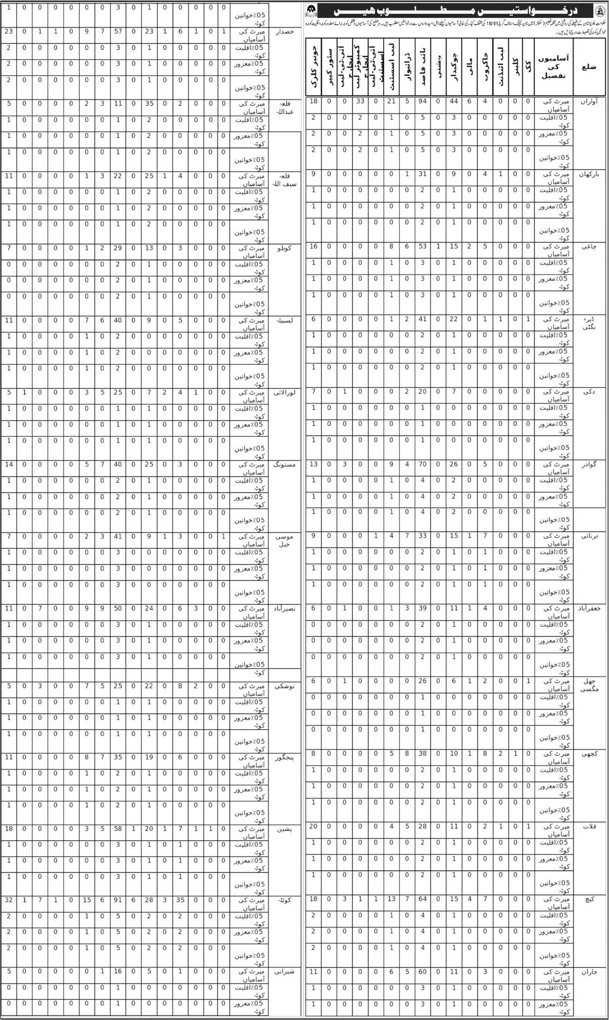 Education Department Balochistan Jobs 2019 for 1000+ Junior Clerks, Store Keeper, Lab & Support Staff (All Districts)