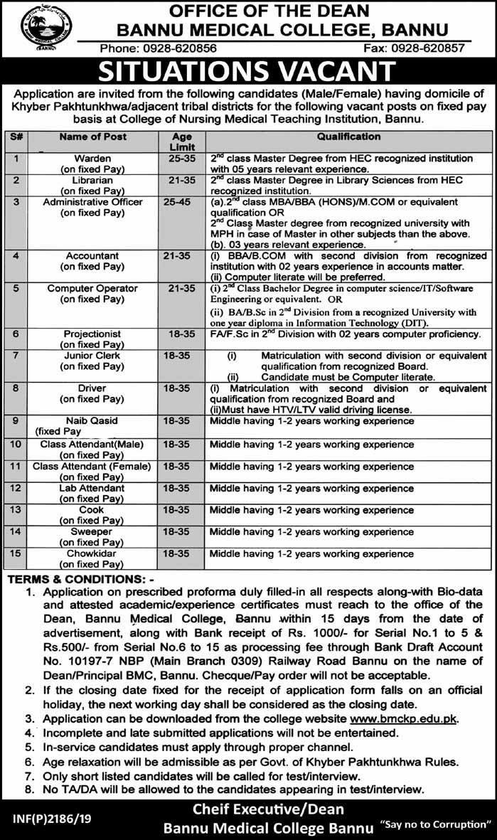 Bannu Medical College Jobs 2019 for Admin, Accounts, Computer Operator, Library, Warden & Other Staff